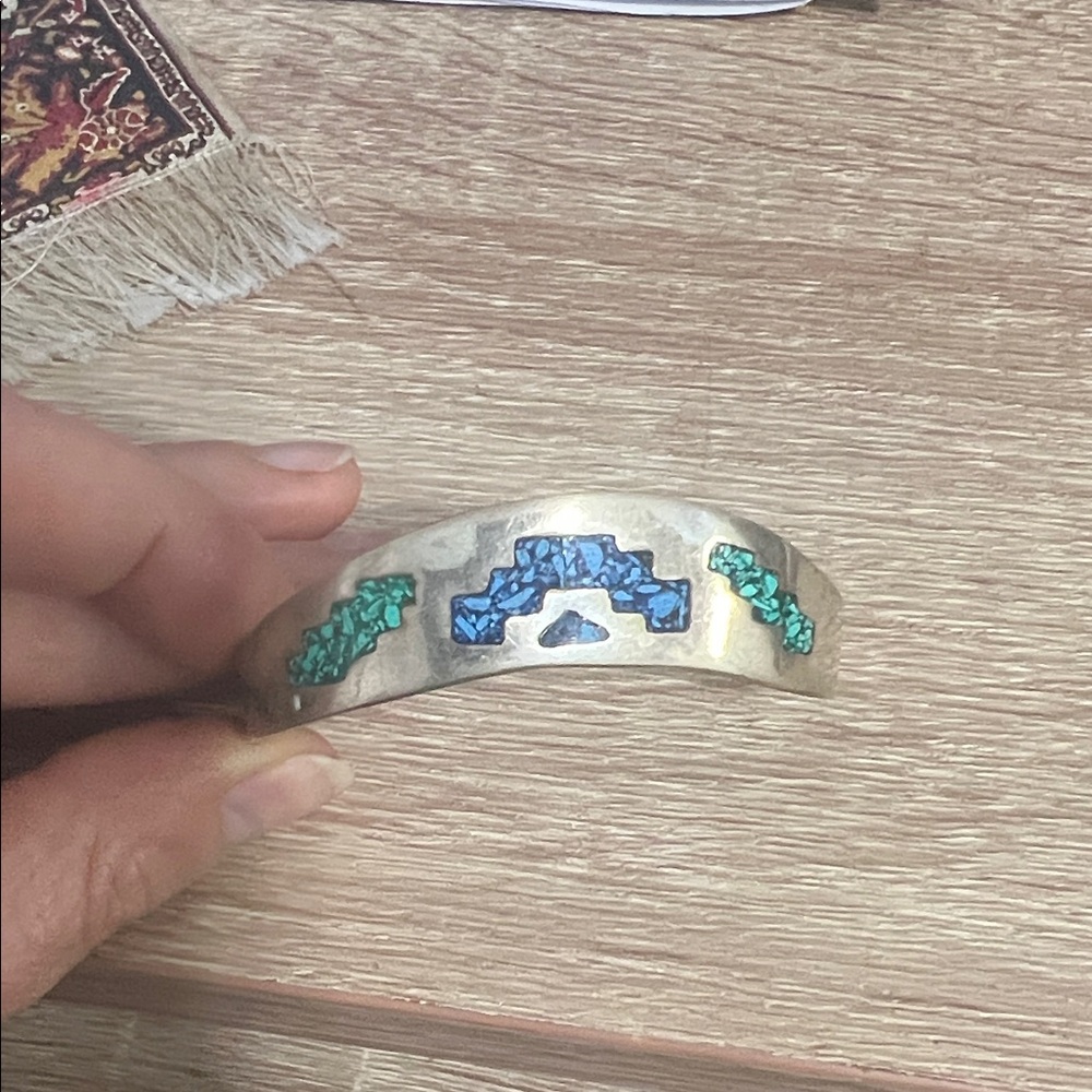 Vintage Mexico Sterling Native Turquoise & Onyx Inlaid Cuff Bracelet